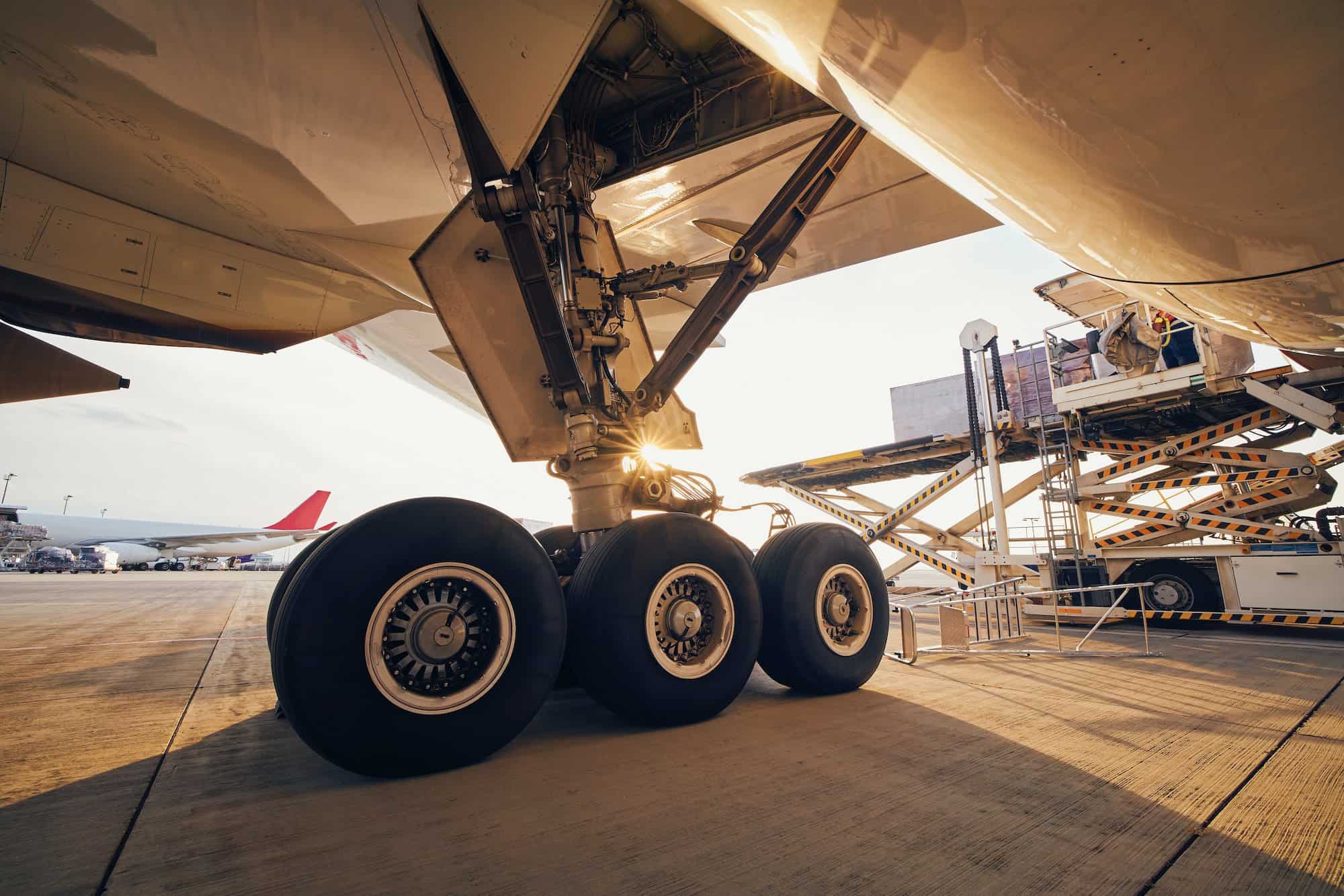 Loading of cargo containers to airplane at sunset